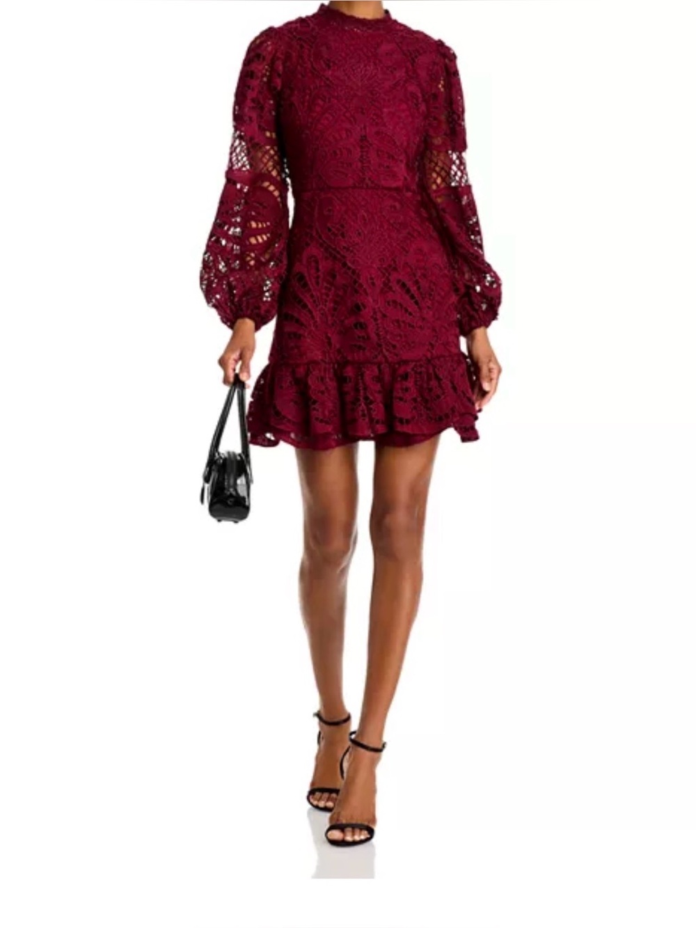 AQUA Embroidered Lace Mini Dress Small Cherry Lacquer Long Sleeve